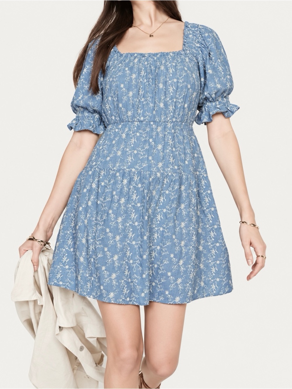 Old Navy Chambray Floral Embroidered Puff Sleeve Cottagecore Mini Dress S Tall